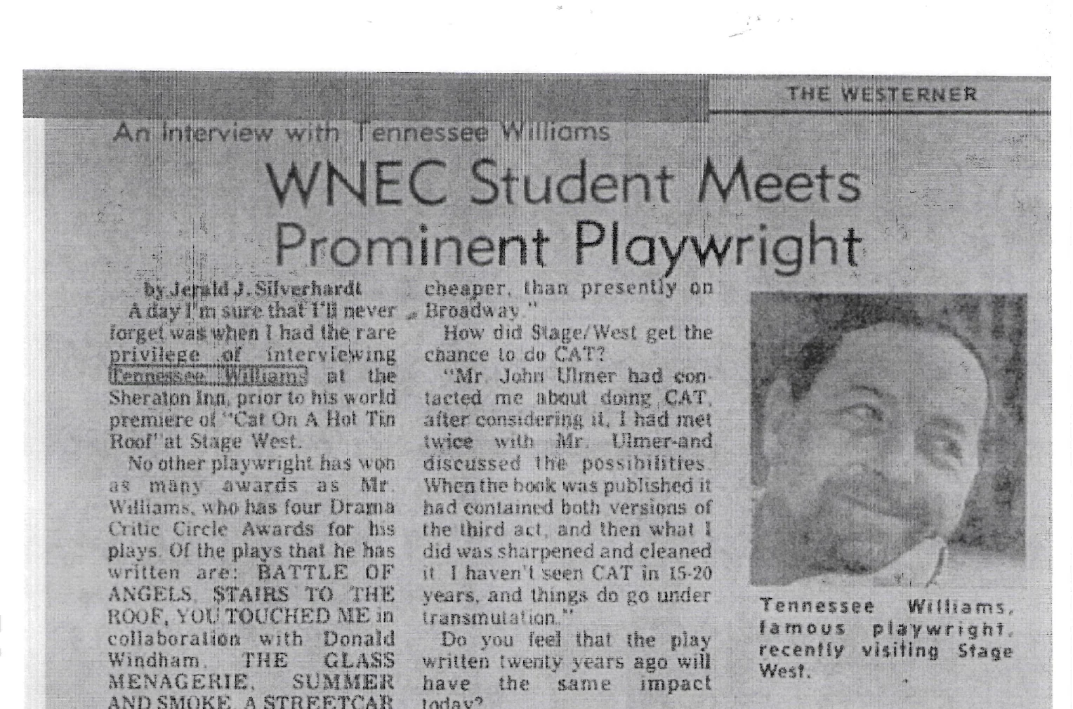 Newspaper clipping from The Westerner headlined 'WNEC Student Meets Prominent Playwright,' an interview with Tennessee Williams bylined by Jerald J. Silverhardt